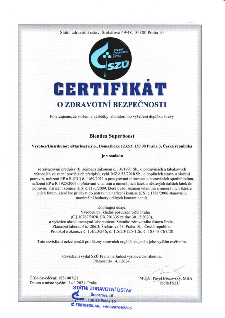 Blendea SUPERBOOST certifikát SZÚ